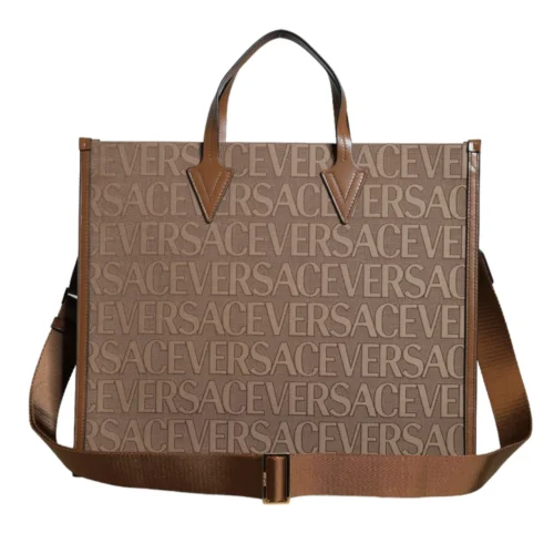 Versace women’s brown jacquard leather tote bag with top handles