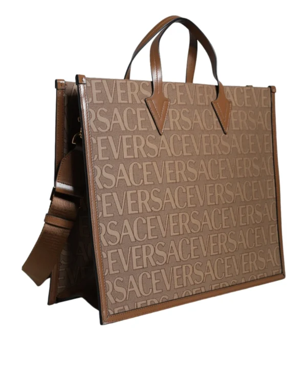 Versace women’s brown jacquard leather tote with spacious interior