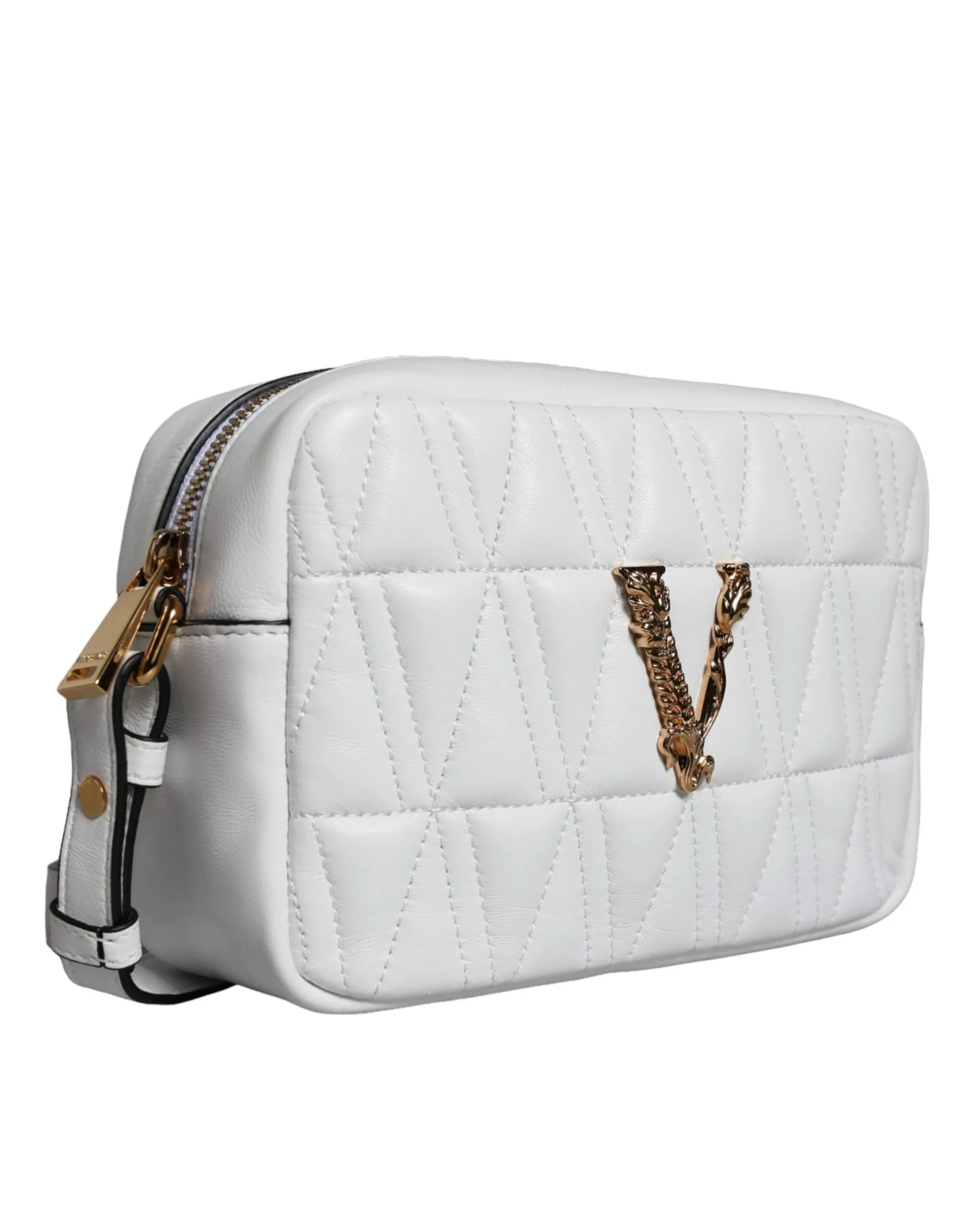 Versace women’s white leather quilted bag with top zip closure