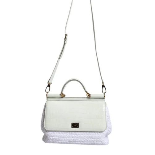 Luxury Dolce & Gabbana Sicily white leather and raffia crossbody bag