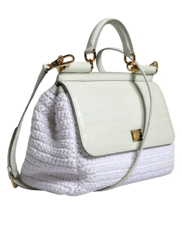 Dolce & Gabbana Sicily white raffia leather satchel for women Dolce & Gabbana women’s white Sicily satchel bag with gold-tone hardware