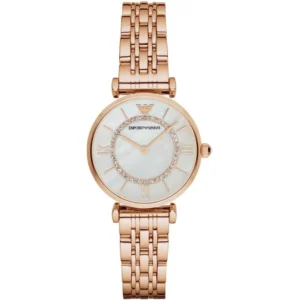 Armani women’s pink gold stainless steel quartz watch with grey dial