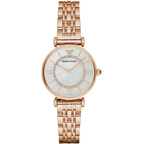 Armani women’s pink gold stainless steel quartz watch with grey dial