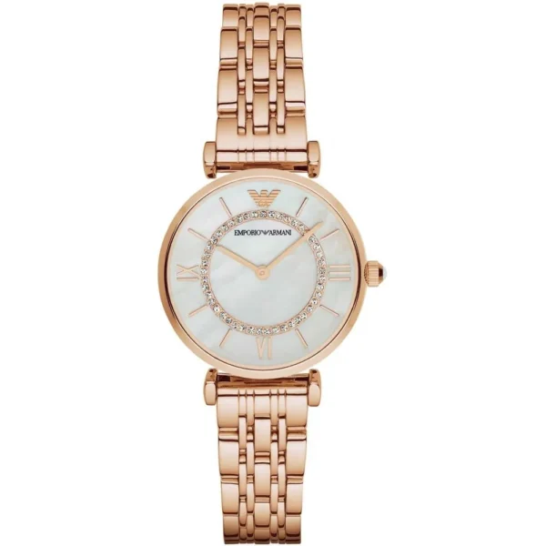 Armani women’s pink gold stainless steel quartz watch with grey dial
