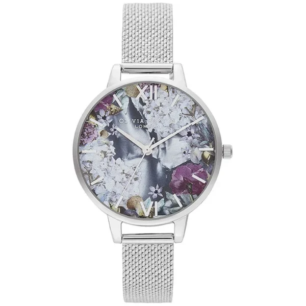 Olivia Burton women’s silver stainless steel quartz watch with floral motif dial