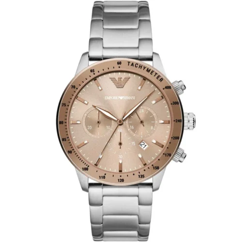 Armani men’s silver stainless steel quartz watch with beige dial