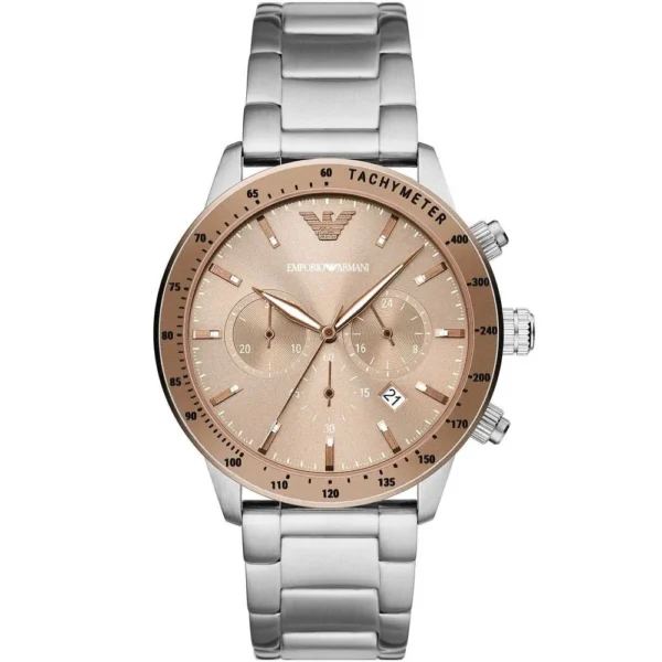 Armani men’s silver stainless steel quartz watch with beige dial