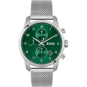 Hugo Boss men’s silver stainless steel quartz watch with green dial