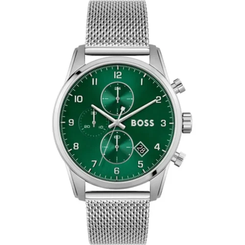 Hugo Boss men’s silver stainless steel quartz watch with green dial