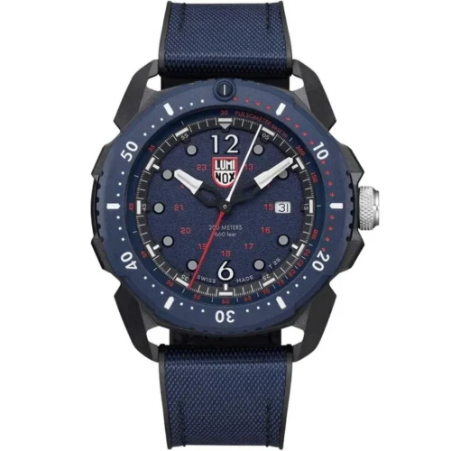Luminox men’s black carbon case watch with blue rubber strap and sapphire glass