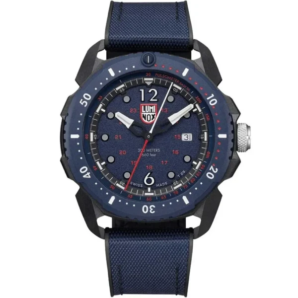 Luminox men’s black carbon case watch with blue rubber strap and sapphire glass